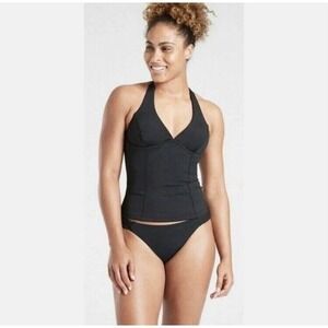 Athleta Sculpted Halter Tankini Black Bikini Tankini Top 32D/DD Tall EUC‎